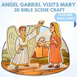 Può includere: Un'attività artigianale di scena biblica in 3D che raffigura l'angelo Gabriele che fa visita a Maria. Le figure sono a colori con opzioni in bianco e nero. L'angelo indossa una veste bianca con finiture dorate e Maria un abito arancione.