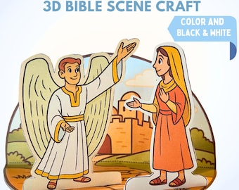 Puede incluir: Una manualidad de escena bíblica en 3D que representa al ángel Gabriel visitando a María. Las figuras son en color con opciones en blanco y negro. El ángel viste una túnica blanca con ribetes dorados, y María lleva un vestido naranja.