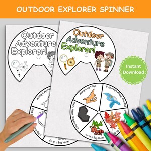May include: Two Outdoor Adventure Explorer spinners with illustrations of a magnifying glass, compass, and children. The spinners have prompts like "Hop like a bunny" and "Go on a bug hunt!" The text "Instant Download" is also visible.