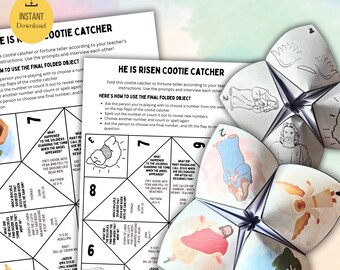 He is risen Cootie Catcher for kids| Printable Sunday school Bible activity| Memory Game paper craft| Holy week DIY| Fortune teller| Easter