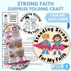 May include: A colorful craft kit with the text "STRONG FAITH SURPRISE FOLDING CRAFT." The kit includes illustrated circles and a folding craft with Bible verses and instructions. The design features cartoon superheroes and the phrase "Standing Strong For My Faith."