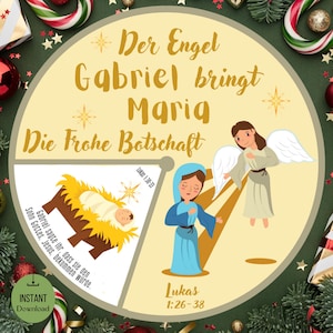 Può includere: Illustrazione circolare a tema natalizio con testo in tedesco, raffigurante un angelo, Maria e Gesù bambino in una mangiatoia. Il testo include "Der Engel Gabriel bringt Maria Die Frohe Botschaft" e "Lukas 1:26-38".