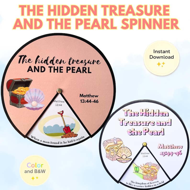 Printable Parable of the Hidden Treasure & Pearl of Great Price Coloring Spinner Wheel | Bible Craft Activity | Sunday School Resource image 1