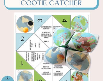 May include: A colorful cootie catcher game with a green, white, and blue background. The game is based on the creation story from the Bible. Each flap has a question about the creation story and a picture of the earth at different stages of creation.
