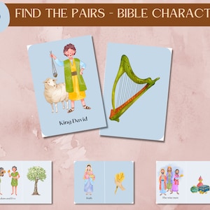 Könnte beinhalten: Ein Satz von sechs illustrierten Karten mit biblischen Figuren und Objekten. Die Karten sind blau mit weißen Rändern. Die Figuren sind König David, Adam und Eva, Ruth und die Weisen. Die Objekte sind eine Harfe, ein Baum, ein Korb mit Weizen und eine goldene Kiste.