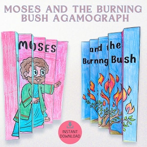 Puede incluir: Un agamógrafo colorido titulado "Moisés y la zarza ardiente". La obra de arte presenta un dibujo de Moisés con túnicas verdes y azules, y una zarza ardiente con llamas. Las palabras "Moisés" y "la zarza ardiente" están escritas en los paneles.