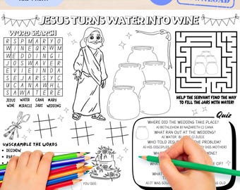 May include: Black and white line art coloring page with the text "JESUS TURNS WATER INTO WINE". Includes a word search, maze, and quiz. A hand is coloring with a green pencil. Colored pencils are visible.