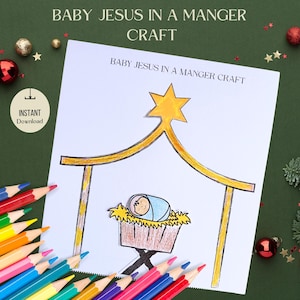 Baby Jesus in a Manger Craft, Sunday School Nativity Activity for Kids, Christmas Kids Coloring Pages, Printable Birth of Jesus DIY, Advent