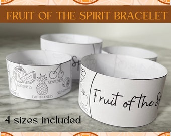 May include: Four printable bracelet templates featuring the fruits of the spirit: love, joy, peace, patience, kindness, goodness, faithfulness, gentleness, and self-control. The text "Fruit of the Spirit Bracelet" and "4 sizes included" are also visible.