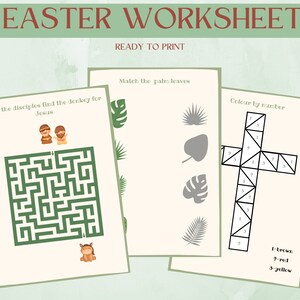 May include: Five printable Easter worksheets for kids. The worksheets include a maze, a matching game, and a color-by-number activity. The worksheets are ready to print and feature a green and brown color scheme.