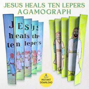Printable Jesus Heals the Ten Lepers Agamograph – Sunday School Craft & Bible Coloring Activity for Kids | Homeschool Gratitude Lesson PDF