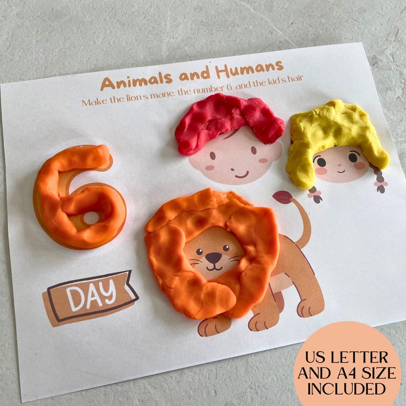 May include: Educational printable featuring the text "Animals and Humans." Includes a number 6, a lion, and two child faces with playdough hair. The text "US LETTER AND A4 SIZE INCLUDED" is also present.
