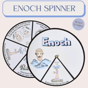 May include: A printable Enoch spinner with a black and white design. The spinner features a portrait of Enoch, a quote from the Bible, and a verse reference. The spinner is ready to print.