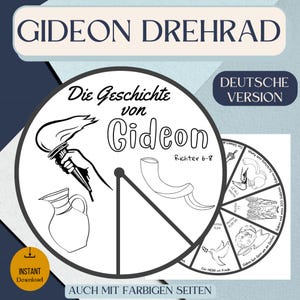 Könnte beinhalten: Schwarzweißes druckbares Gideon-Geschichtenrad mit dem Text "Die Geschichte von Gideon" und "Richter 6-8". Das Rad hat acht Abschnitte mit Bildern und Text, darunter eine brennende Fackel, ein Widderhorn, eine Taube und eine Schafherde.