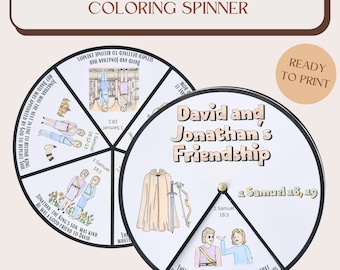 Printable David and Jonathan&#39;s Friendship Coloring Spinner Wheel | Sunday School Craft | Kids Ministry Bible Activity | Homeschool Project