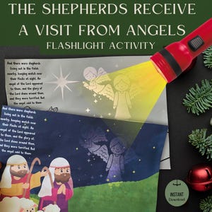 May include: A blue and white illustrated book with a red flashlight shining on it. The book features a scene of shepherds and angels with the text "The Shepherds Receive A Visit From Angels" and "Flashlight Activity".