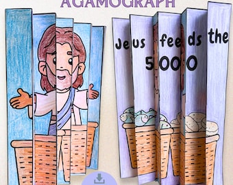 Könnte beinhalten: Ein farbenfroher, druckbarer Agamograph von Jesus, der die 5000 speist. Der Agamograph besteht aus mehreren Tafeln, die Jesus, Körbe mit Fisch und Brotlaiben sowie die Worte "Jesus speist die 5000" zeigen.