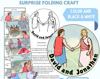 May include: A printable craft featuring David and Jonathan, with illustrations of the biblical figures. The design includes text and instructions for a surprise folding craft, available in color and black & white, with an instant download option.