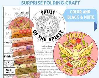 Puede incluir: Una manualidad imprimible con el tema del "Fruto del Espíritu". El diseño incluye una manualidad plegable con ilustraciones de frutas y una paloma, junto con las palabras "Amor, Alegría, Paz, Bondad, Bondad, Fidelidad, Mansedumbre y Autocontrol".