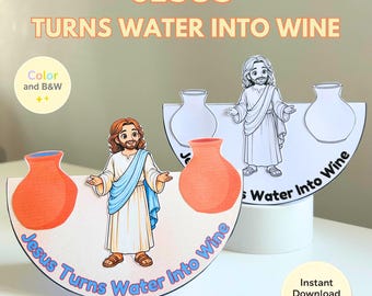 Puede incluir: Una manualidad colorida que representa a Jesús convirtiendo el agua en vino. La imagen muestra una caricatura de Jesús con dos jarrones naranjas. El texto "JESUS TURNS WATER INTO WINE" está presente, junto con una versión en blanco y negro.
