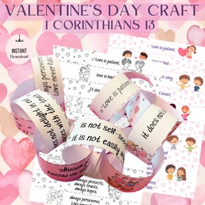 Ghirlanda di catene di carta per San Valentino, stampabile, lavoretto per la scuola domenicale, attività per bambini e istruzione parentale, 1 Corinzi 13 versetti biblici sull'amore