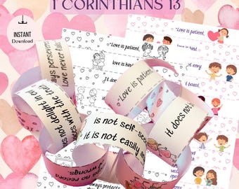 Ghirlanda di catene di carta per San Valentino, stampabile, lavoretto per la scuola domenicale, attività per bambini e istruzione parentale, 1 Corinzi 13 versetti biblici sull'amore