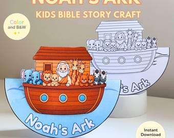 Puede incluir: Una manualidad colorida que representa el Arca de Noé con animales, incluyendo elefantes, leones, jirafas y cebras. El texto "NOAH'S ARK KIDS BIBLE STORY CRAFT" se muestra encima del arca. También se incluye una versión en blanco y negro.
