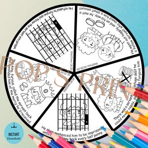 May include: A black and white printable game board with a circular design. The board is divided into six sections, each with a different image and Bible verse. The images include a king, a servant, and a jail cell. The Bible verses are from Matthew 18:21-34. The board is designed to be used for teaching children about forgiveness.
