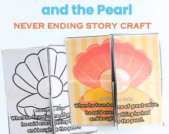 May include: A paper craft project titled The Hidden Treasure and the Pearl featuring a black and white line art version and a full-color version of an open oyster shell with a pearl inside, including the text Matthew 13:46 and the story verse.