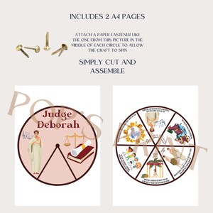 May include: A printable craft activity featuring Judge Deborah from the Bible. The craft includes two A4 pages with a circle on each page. The circles are designed to be cut out and assembled into a spinning wheel. The spinning wheel features illustrations of different stories from the Bible.