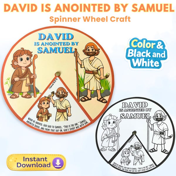 Manualidad bíblica imprimible: David ungido por Samuel (rueda giratoria), actividad para la escuela dominical y el ministerio infantil, historia bíblica para la educación en el hogar.