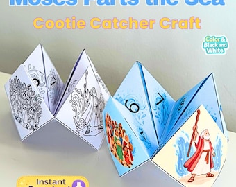 May include: Two paper cootie catchers featuring the Moses Parts the Sea theme. One is a black and white line art version, and the other is a full-color version. Both display illustrations of Moses with a staff and people, along with numbers.