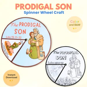 Könnte beinhalten: Ein farbiges und schwarz-weißes Spinner-Rad-Bastelprojekt mit dem Titel "Verlorener Sohn". Das Design zeigt Illustrationen der biblischen Geschichte, einschließlich eines Vaters, der seinen Sohn umarmt. Text enthält "Lukas 15:11-32" und "Sofort-Download."