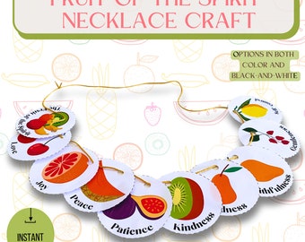 May include: A printable craft activity for making a fruit-themed necklace. The necklace features nine round fruit-shaped tags with the words "Love", "Joy", "Peace", "Patience", "Kindness", "Goodness", "Faithfulness", "Gentleness", and "Self-Control" printed on them. The tags are strung together with a gold string. The background is a colourful pattern of fruits and flowers.