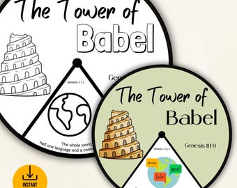 May include: Two illustrated circles with the title "The Tower of Babel" and a black and white illustration of the tower on the left and a colored illustration of the tower on the right. The text "Genesis 11:1" and "Genesis 11:9" are included in the circles.