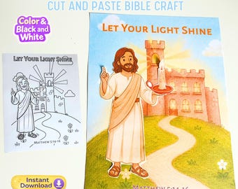 May include: A cut and paste Bible craft kit featuring a colored illustration and a black and white outline version of a person holding a candle in front of a castle with the text Let Your Light Shine and Matthew 5:14-16 printed on the pages.