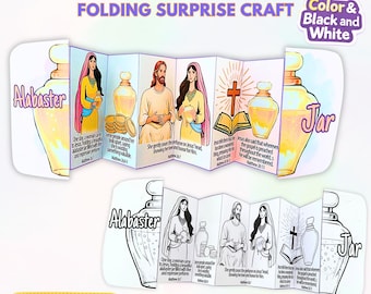 Puede incluir: Una manualidad de papel plegable con ilustraciones de escenas bíblicas, incluida una mujer con un jarrón de alabastro. El diseño incluye versiones en color y en blanco y negro. El texto incluye "Alabaster Jar" y "Folding Surprise Craft."
