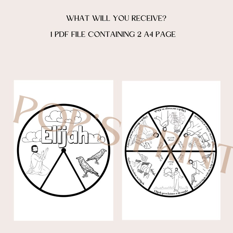 May include: Black and white printable colouring page featuring a wheel with different scenes from the story of Elijah. The wheel includes scenes like Elijah proclaiming a drought, God's revelation to Elijah, and Elijah's ascent to heaven. The text "Elijah" is written in a large font at the top of the wheel.