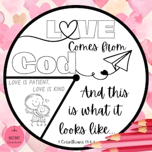 Printable 1 Corinthians 13:4-8 Love Spinner Wheel Craft Sunday School Activity Kids Ministry Bible Lesson Homeschool Memory Game