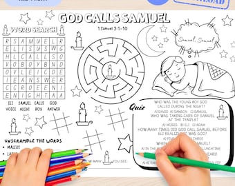 Mantel individual imprimible con la actividad "Dios llama a Samuel": manualidad para la escuela dominical, lección bíblica sobre Samuel, actividades para la iglesia y páginas para colorear para niños.
