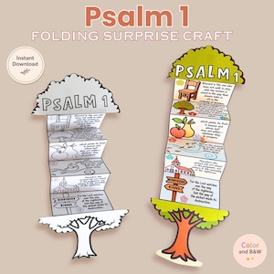 May include: A Psalm 1 folding surprise craft featuring two tree-shaped paper designs. One version is black and white, while the other is colored with illustrations of a chair, tree, fruit, church, and a signpost labeled Righteous and Wicked.