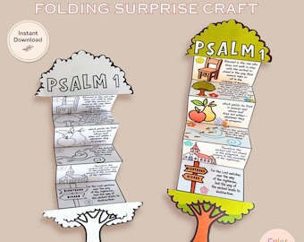 May include: A Psalm 1 folding surprise craft featuring two tree-shaped paper designs. One version is black and white, while the other is colored with illustrations of a chair, tree, fruit, church, and a signpost labeled Righteous and Wicked.
