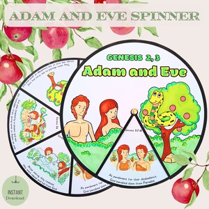 Pode incluir: Um spinner imprimível colorido para crianças aprenderem a história de Adão e Eva da Bíblia. O spinner apresenta ilustrações de Adão e Eva, uma serpente e uma árvore com maçãs. O texto no spinner inclui "Gênesis 2, 3", "Adão e Eva" e "Gênesis 3:17-18".