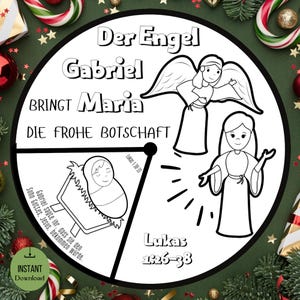 Puede incluir: Ilustración en blanco y negro con temática navideña y texto en alemán. El diseño incluye imágenes de un ángel, María y el niño Jesús. También está presente el texto "Descarga instantánea", lo que sugiere un producto digital.