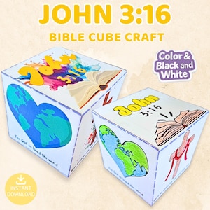John 3:16 Cube Craft The Good News Printable Sunday School Bible Activity, Bible Verse Memory Game & Coloring Pages