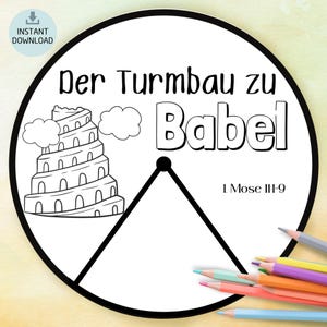 Pode incluir: Uma página para colorir em preto e branco com uma torre e o texto "Der Turmbau zu Babel" e "1. Mose 11:1-9".