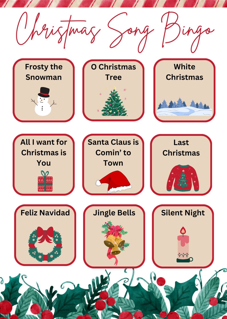 Christmas Song Bingo Printable Perfect for Office, Family, and Friend ...