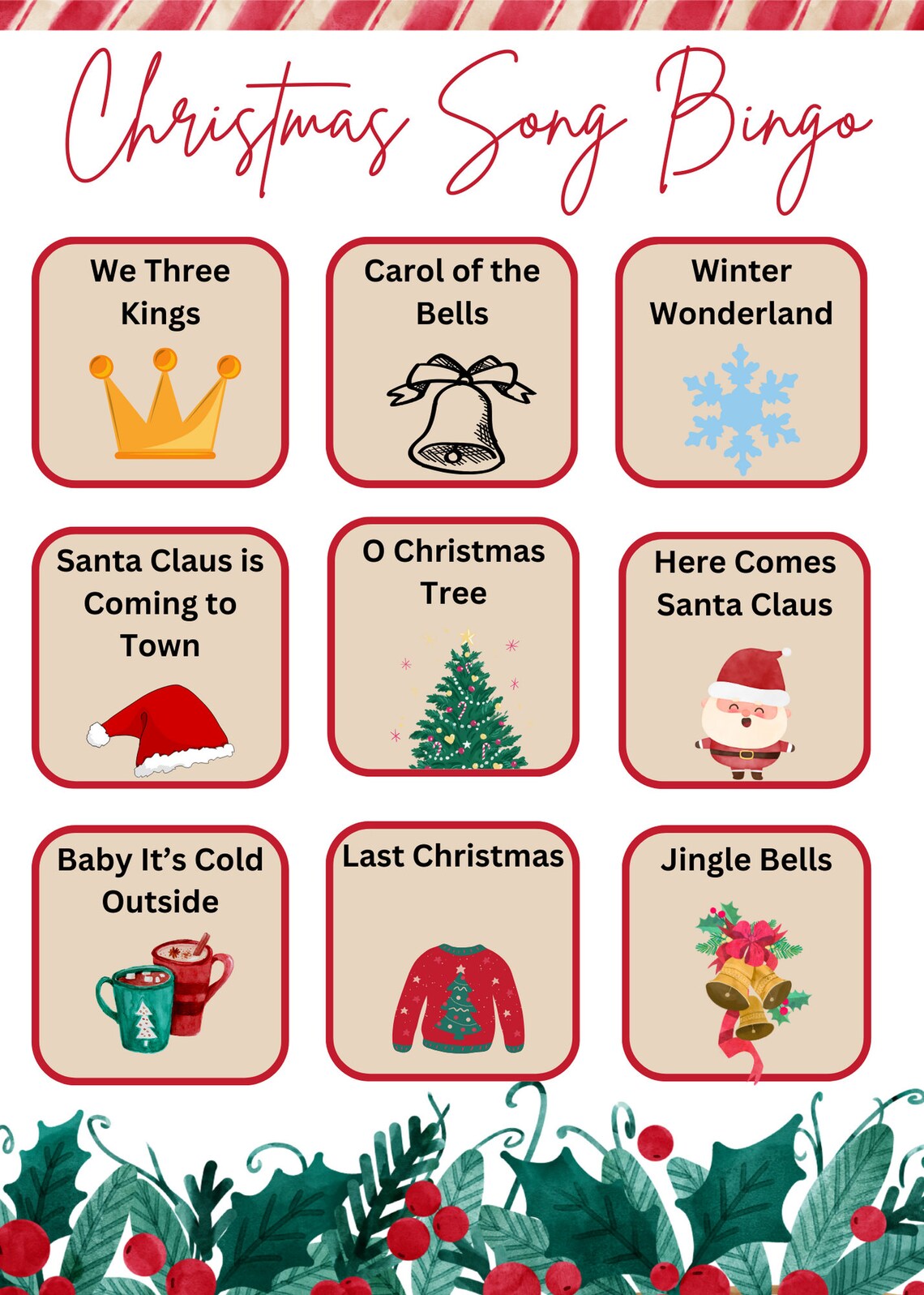 Christmas Song Bingo Printable Perfect for Office, Family, and Friend ...