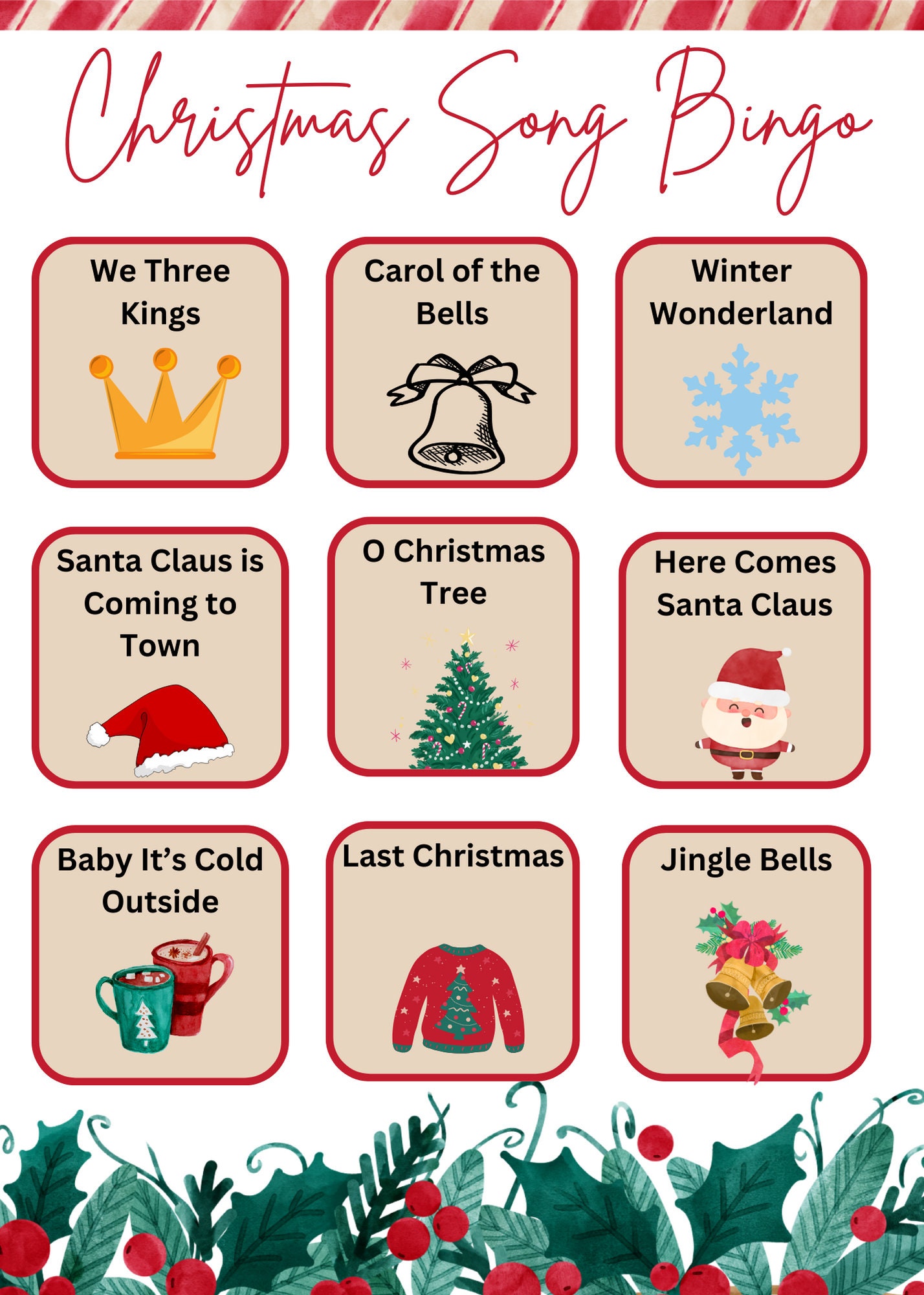 Christmas Song Bingo Printable Perfect for Office, Family, and Friend ...