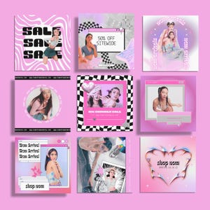 May include: A collage of nine pink squares with various graphics and text. The squares feature images of models, text that says "SALE", "50% OFF SITEWIDE", "BIG SUMMER SALE", and "shop now". The overall theme is a fashion sale.